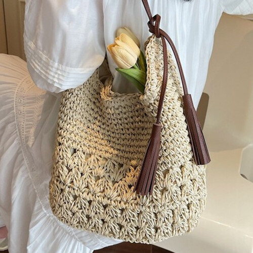 Modische, freundliche Strohhandtasche, geräumiges Design,-Khaki 2