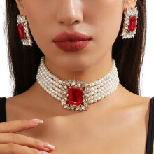 Fashionable Multistrand Faux Pearls Beaded Necklace-Red