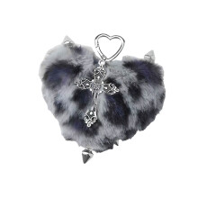 Soft Faux Hair Heart Keyring In Y2K Aesthetic Bag-Gray