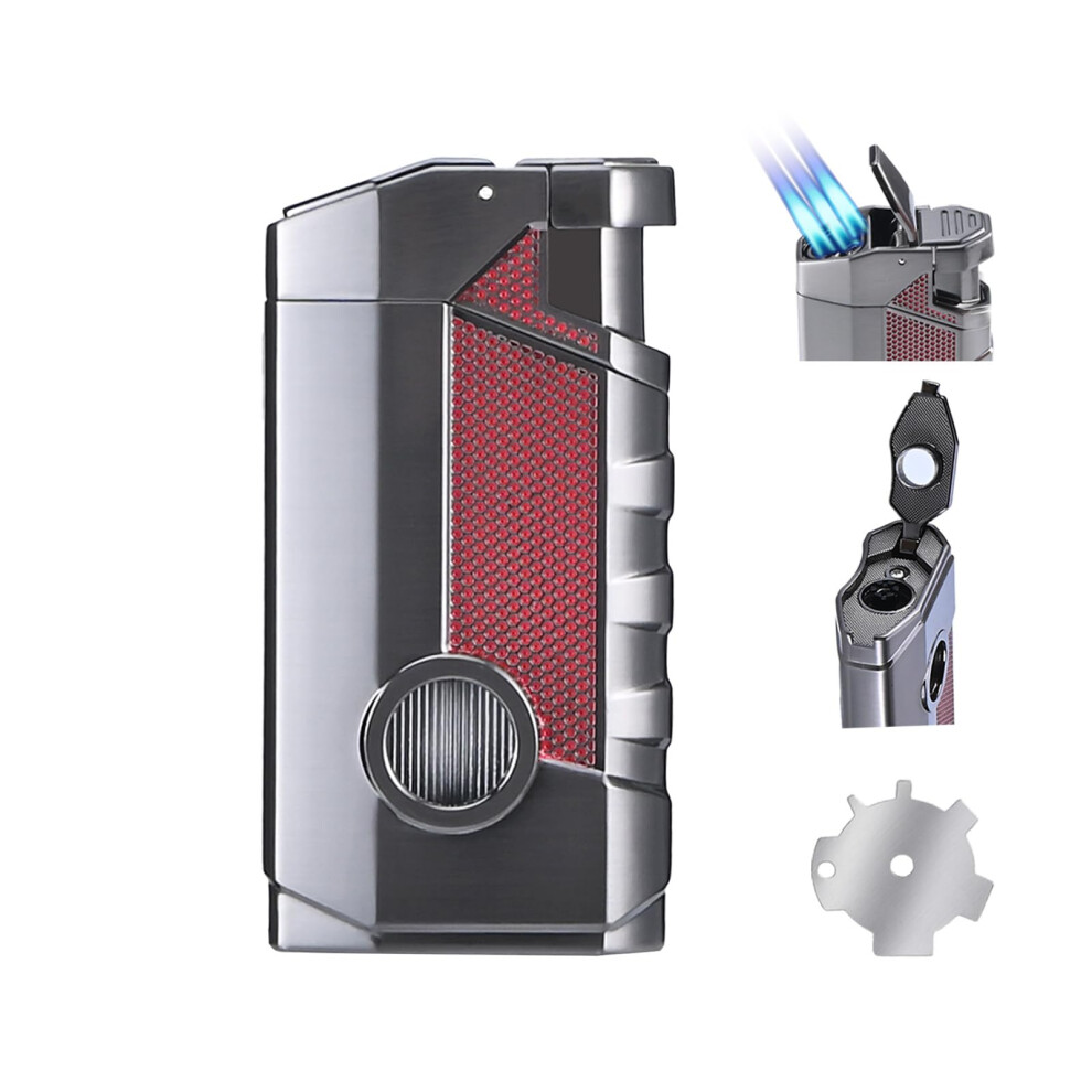 Butane Torch Lighter Triple Jet Flame Windproof Refillable Adjustable Flame Control Zinc Alloy Body