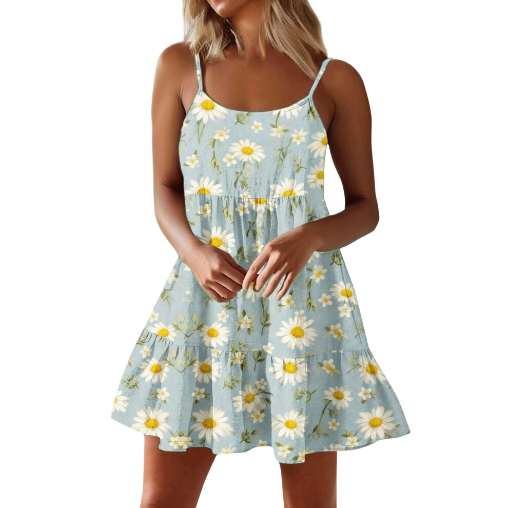 Women Spaghetti Strap Ruffle Tiered Short Flowy Dress-Mint L
