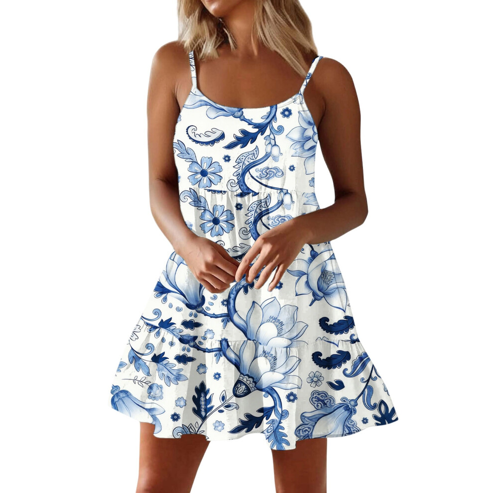 Women Spaghetti Strap Ruffle Tiered Short Flowy Dress-Blue S