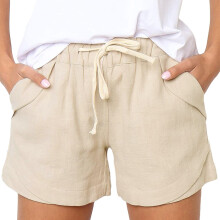 Womens Drawstring Casual Elastic Waist Pocketed Loose-Beige L