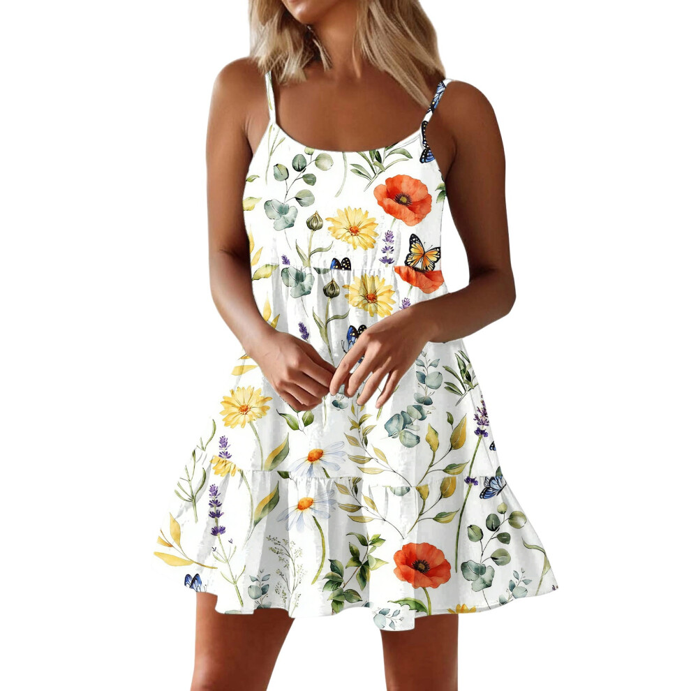 Women Spaghetti Strap Ruffle Tiered Short Flowy Dress-White L