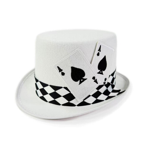Elegant Top Cap Poker Card Pattern Tall Hat For Theme-White