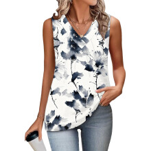 Women's Sleeveless Tops, Loose Fit, V-Neck, Summer,-Beige M