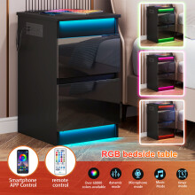 2-Drawer LED Bedside Table Flip-Top Bedside Cabinet with Power Outlet for Bedroom