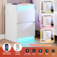 2-Drawer LED Bedside Table Flip-Top Bedside Cabinet with Power Outlet for Bedroom White
