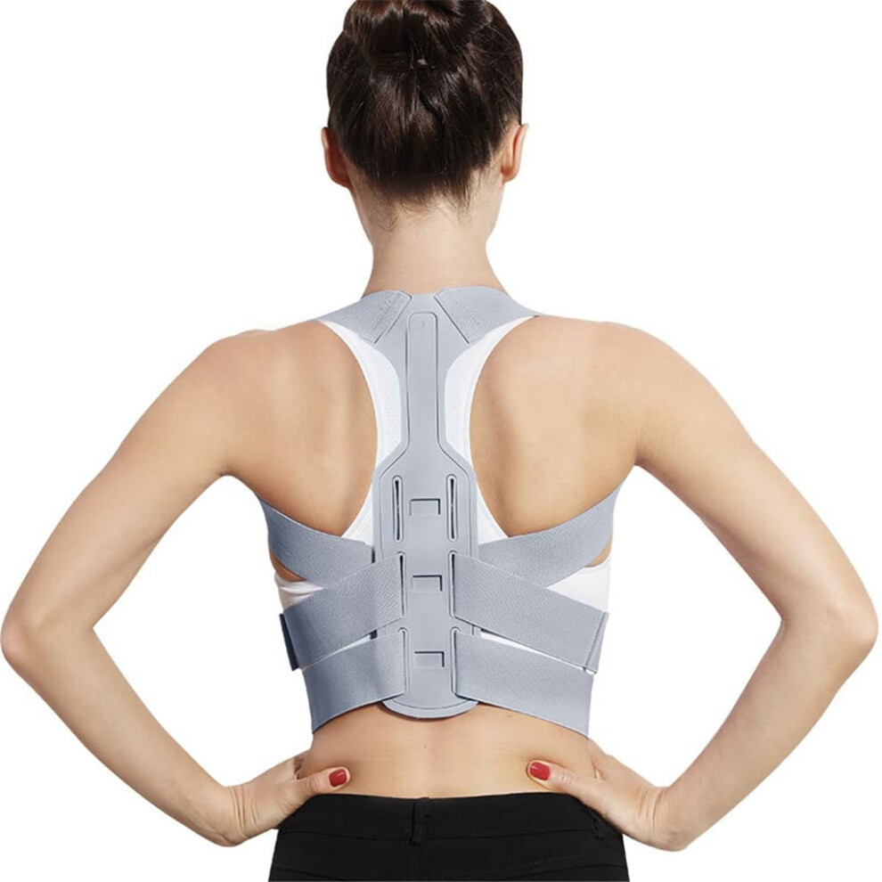Gray Posture Corrector Back Support Belt With Adjustable Elastic Straps For Spine And Shoulder Alignment Large