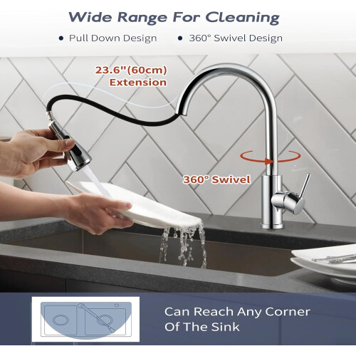 Kitchen Taps Mixer with Pull Out Spray,  360 Swivel 3 Modes Spray Head, Chrome 1