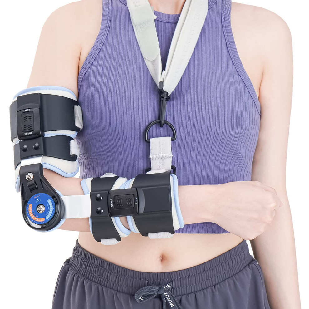 Adjustable Hinged Elbow Brace with Shoulder Sling for Right Arm, Post Surgery Injury Recovery Support