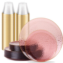 Burgundy Gold Plastic Dinnerware Set 260pcs with Elegant Gold Trim, Hammered Texture, Disposable Plates for Weddings and Parties
