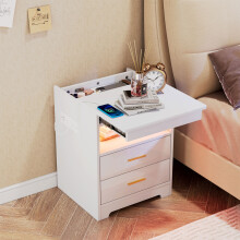 LED Bedside Table with 2 Drawers & Pushable Desktop Wooden Bedside Cabinet w/Charging Station for Bedroom Living Room