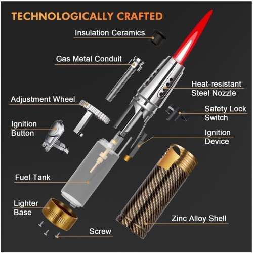Jet Torch Lighter with Adjustable Windproof Flame, Refillable Blue Metal Butane Lighter for Camping 2