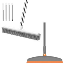Rubber Broom 2 in 1 Pet Hair Removal Silicone Broom with Squeegee 51in Adjustable Long Handle for Carpet and Hardwood Floors