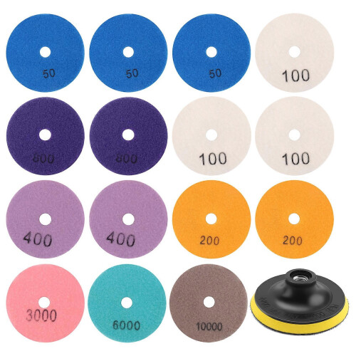 Kit com 16 discos de polimento diamantados de 100 mm (4 polegadas) para uso a seco e úmido em granito, concreto e mármore. 1