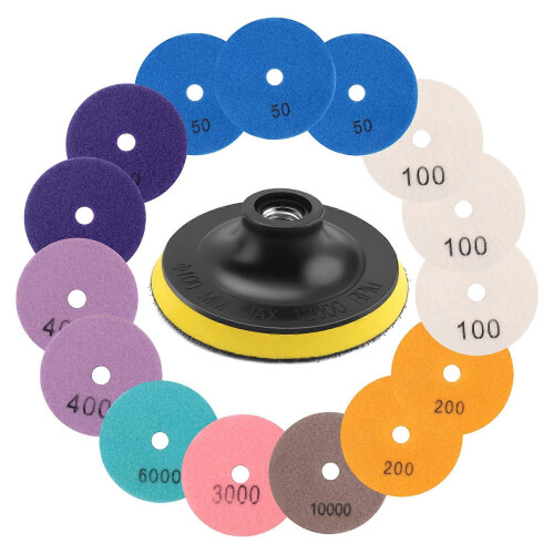 Kit com 16 discos de polimento diamantados de 100 mm (4 polegadas) para uso a seco e úmido em granito, concreto e mármore. 2