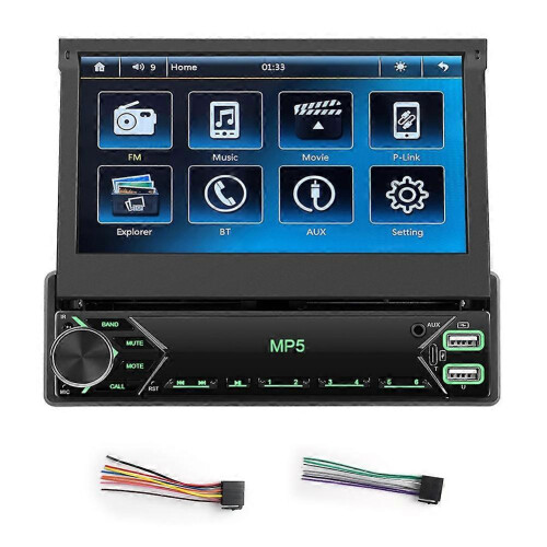 Central multimídia automotiva 1 DIN com tela sensível ao toque retrátil de 7 polegadas, Bluetooth, rádio FM e espelhamento de tela.