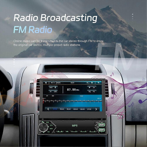 Central multimídia automotiva 1 DIN com tela sensível ao toque retrátil de 7 polegadas, Bluetooth, rádio FM e espelhamento de tela. 1