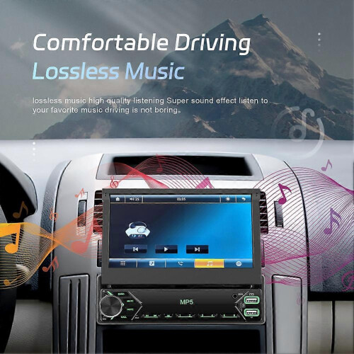 Central multimídia automotiva 1 DIN com tela sensível ao toque retrátil de 7 polegadas, Bluetooth, rádio FM e espelhamento de tela. 2