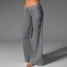(Grey, M) Pantalones anchos de algodón y lino transpirables para mujer.