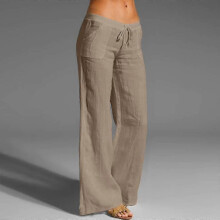(Khaki, M) Breathable Cotton Linen Wide Leg Pants for Women