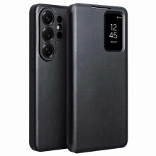 (Black) Samsung Galaxy S26 Ultra Case, Genuine Leather Flip Cover with View Window