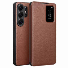 (Brown) Samsung Galaxy S26 Ultra Case, Genuine Leather Flip Cover with View Window