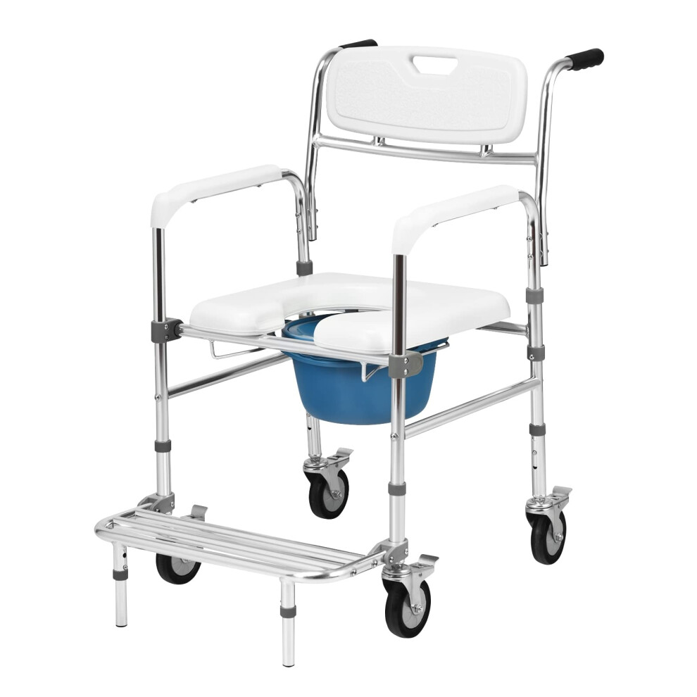 White 3 In 1 Lightweight Shower Commode Wheelchair With Adjustable Height, Lockable Wheels And Soft Cushion Seat For Elderly And Disabled (White)