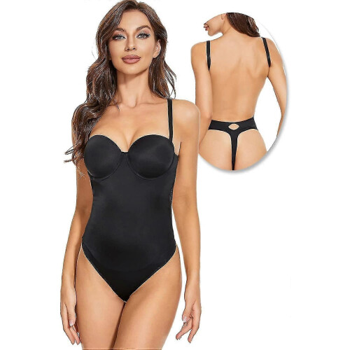 (Black, 2XL) Backless Push-Up Bodysuit Thong 1