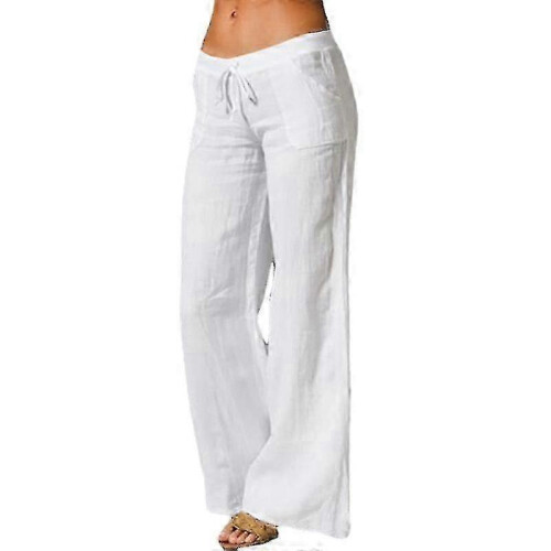 (coffee, S) Pantalones anchos de algodón y lino transpirables para mujer. 1