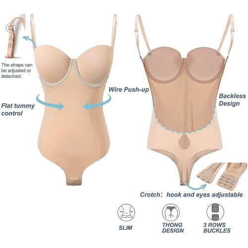 (Nude, M) Backless Push-Up Bodysuit Thong 1