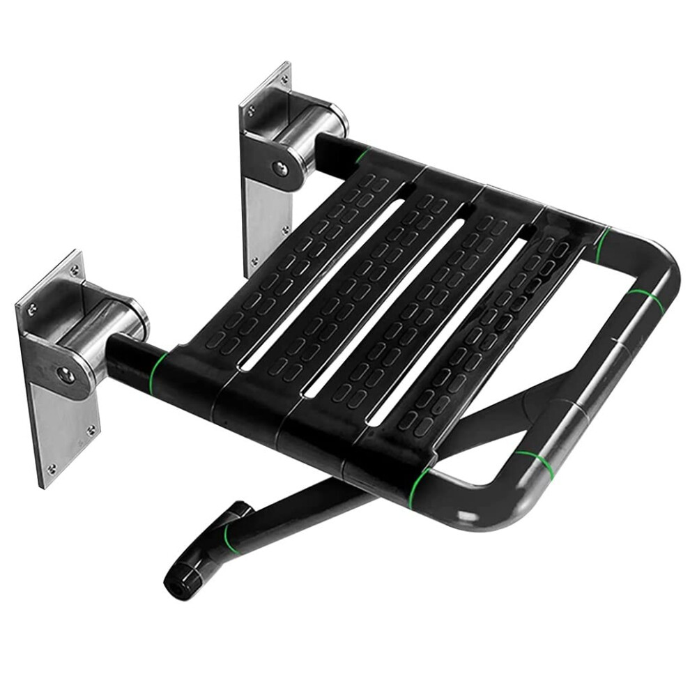 Black Wall Mounted Folding Shower Seat For Elderly, 440Lb Heavyduty Nonslip Bench With Leg Support,