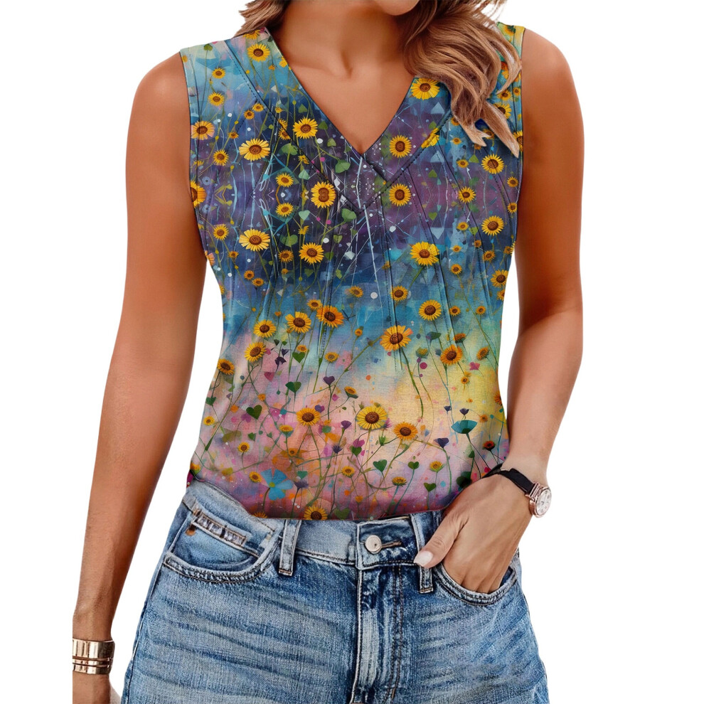 Blue Women's Sleeveless Tops, Loose Fit, V-Neck, Summer,- L