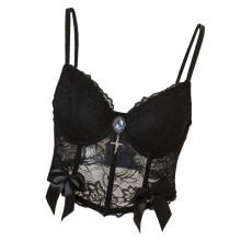 Womens Spaghetti Strap Sheer Lace Corset Bustier Top-Black S