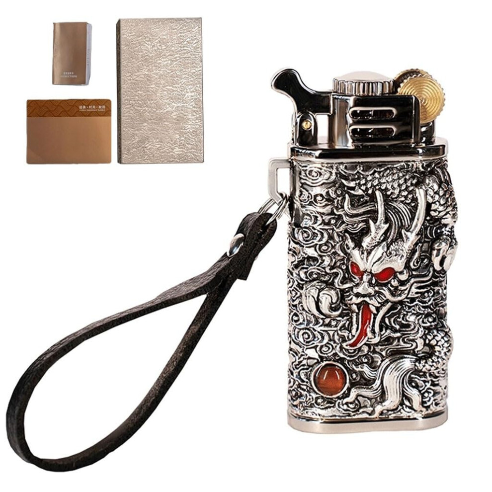 Silver Vintage Kerosene Lighter Retro HandâEmbossed Dragon Design Soft Flame Refillable Gift For Men