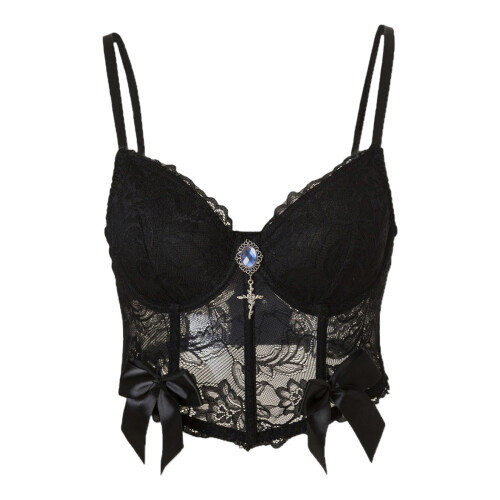 Womens Spaghetti Strap Sheer Lace Corset Bustier Top-Black S 2