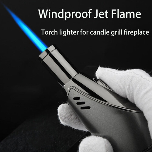 Windproof Butane Torch Lighter with Adjustable Jet Flame for Camping, BBQ, Candles and Kitchen (Silver) 1