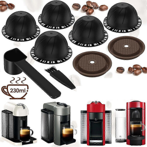 5 capsule Vertuo riutilizzabili per Nespresso, 2 coperchi, cucchiaino e spazzolino. 1