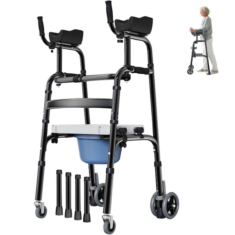 Foldable Upright Walker for Seniors, Adjustable Armrest Rollator with Lightweight Aluminum Frame
