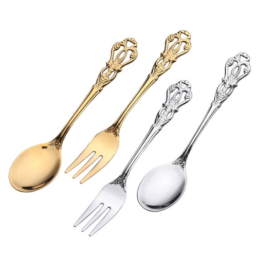 2pcs /Pack Retro Openwork Carved Dessert Spoon Fork Set Engraved Cutlery Gift Box, Style: Pink Box (Silver) 1