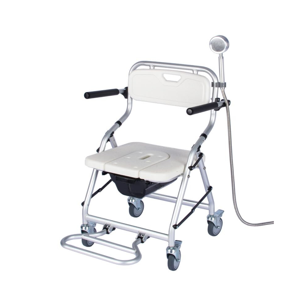 White Foldable Rolling Shower Commode Chair With Toilet For Seniors, Lightweight Aluminum Bathroom Seat,