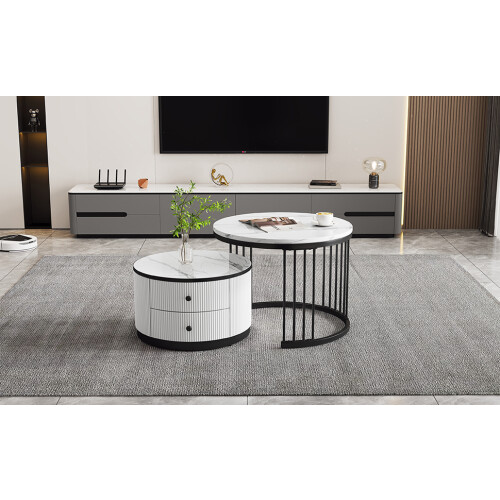 High Gloss Modern Round Nesting Coffee Table with Marble Pattern Top 2