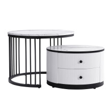 High Gloss Modern Round Nesting Coffee Table with Marble Pattern Top