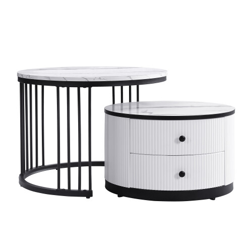 High Gloss Modern Round Nesting Coffee Table with Marble Pattern Top