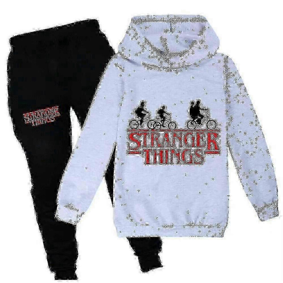 (13-14 Years, Grey) Stranger Things Print Sports Outfit Kids Boys Girls Hoodie Sweatshirt Long Pants Tracksuit Set New Arrival New Arrival-image