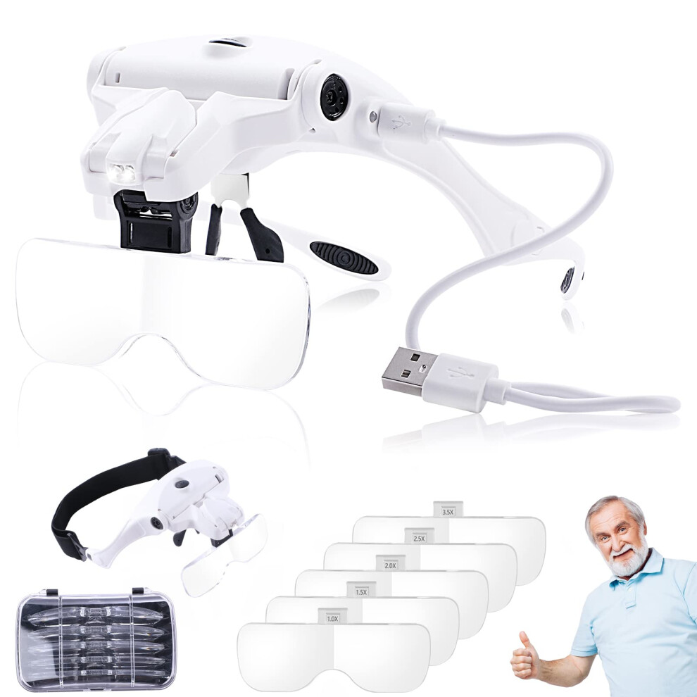 Light Rechargeable Headband Magnifier With Led 5 Interchangeable Lenses 1.0X3.5x For Jewelry And Crafts