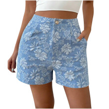 Womens Retro Floral Shorts High Button Straight Leg-Sky Blue M