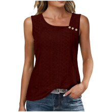 Womens Square Neck Button Shirts Sleeveless Elegant-Deepred XL
