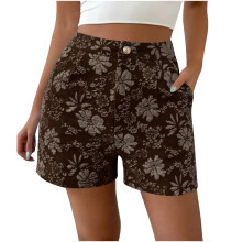 Womens Retro Floral Shorts High Button Straight Leg-Brown S